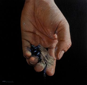 Pintura al óleo. Hiperrealista. Mano sosteniendo polvo de estrellas, somos polvo. César Plascencia