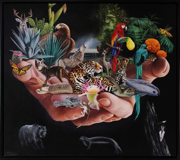 Pintura al óleo. Hiperrealismo. Mano sosteniendo fauna y flora mexicana, jaguar, cesar plascencia