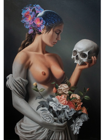 pintura al óleo de mujer sosteniendo cráneo humano y flores, estatua de piedra. realismo fantástico