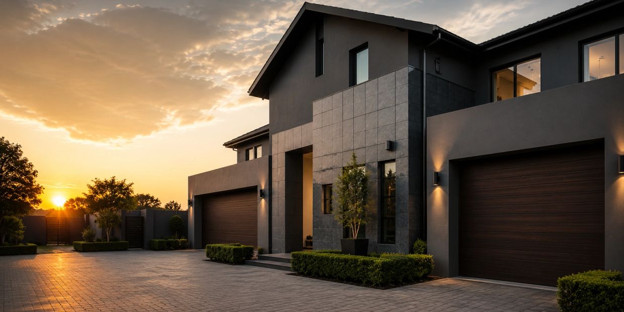 Modern luxurious house with a sunset backdrop.