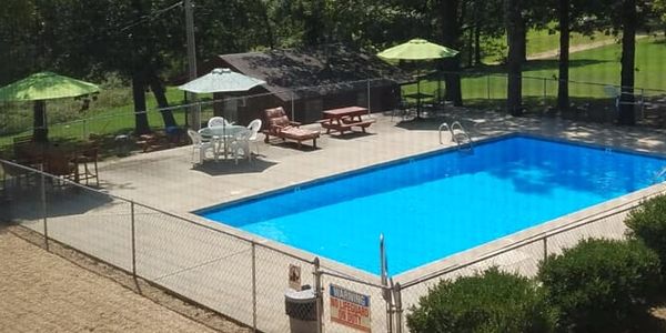 areal view of swimming pool area at Deer Run Cabins Resort, Bull Shoals Lake, Arkansas.