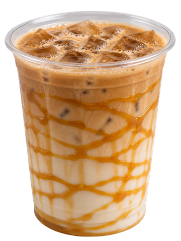 Iced caramel macchiato with ice cubes in a plastic cup.