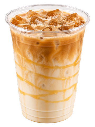 Iced caramel coffee with milk in a clear plastic cup.