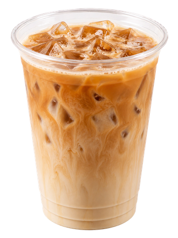 Iced coffee with milk in a clear plastic cup.