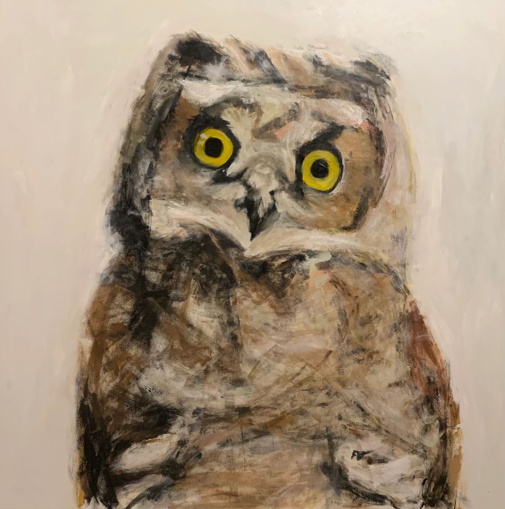Natalie Legere Big Baby, Great Horn Owl, White, 
acrylic on canvas Canadian artist wildlife raptors