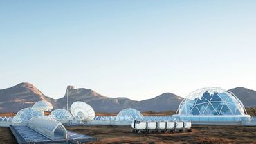 Concept of a future Mars colony that will include greenhouse modules for food, oxygen and relaxation
