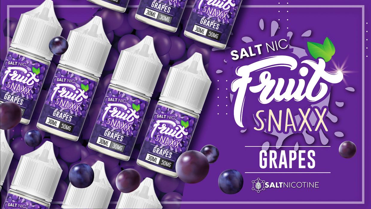Grapes-flavored Salt Nic Fruit Snaxx bottles on purple background.