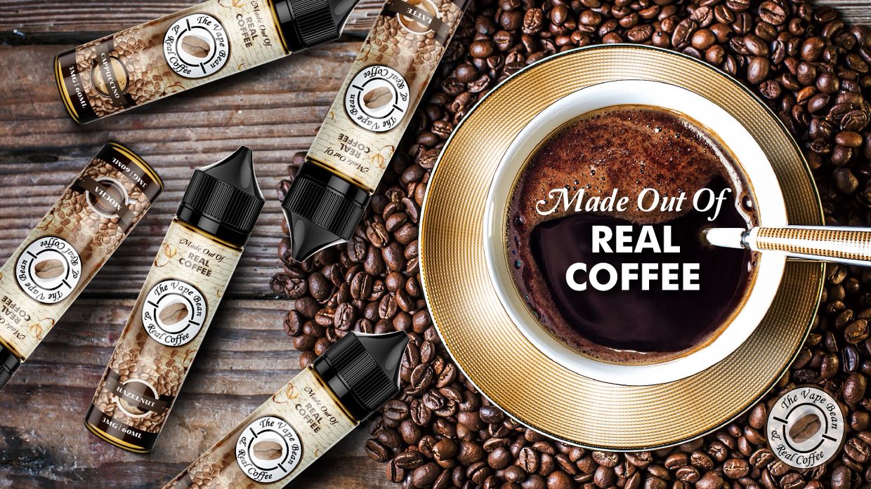 Vape juice bottles labeled 'Made Out Of Real Coffee' surrounded by coffee beans.