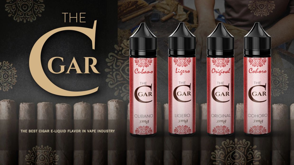 Advertisement for The Cigar e-liquid vape flavors.