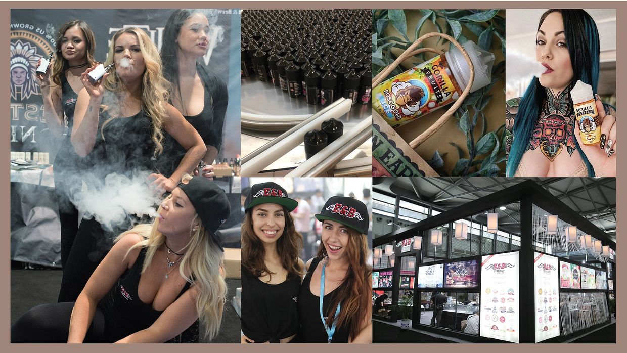 E&B Flavor expo booth, team, and wholesale vape product display