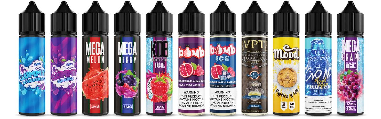 Lineup of bulk wholesale and OEM vape juice bottles manufactured by E&B Flavor