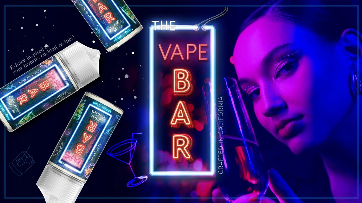 Neon vape bar sign and a woman holding a glass under blue and purple lights.