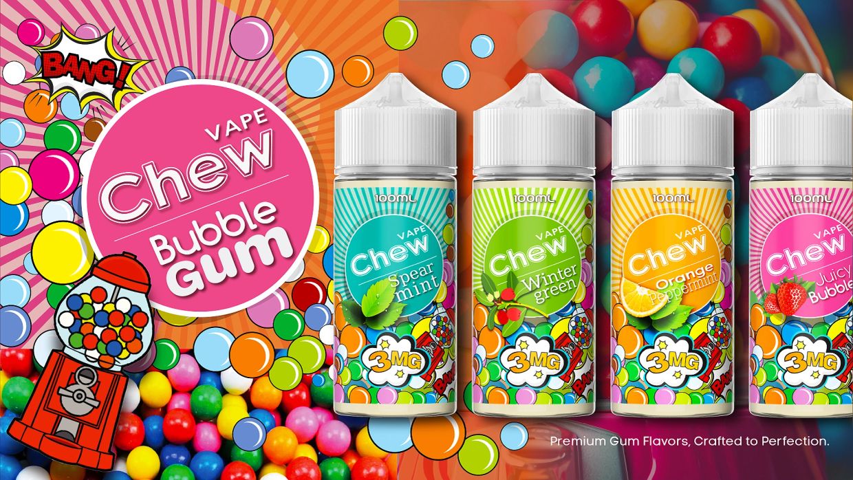 Colorful vape juice bottles with bubble gum flavor.