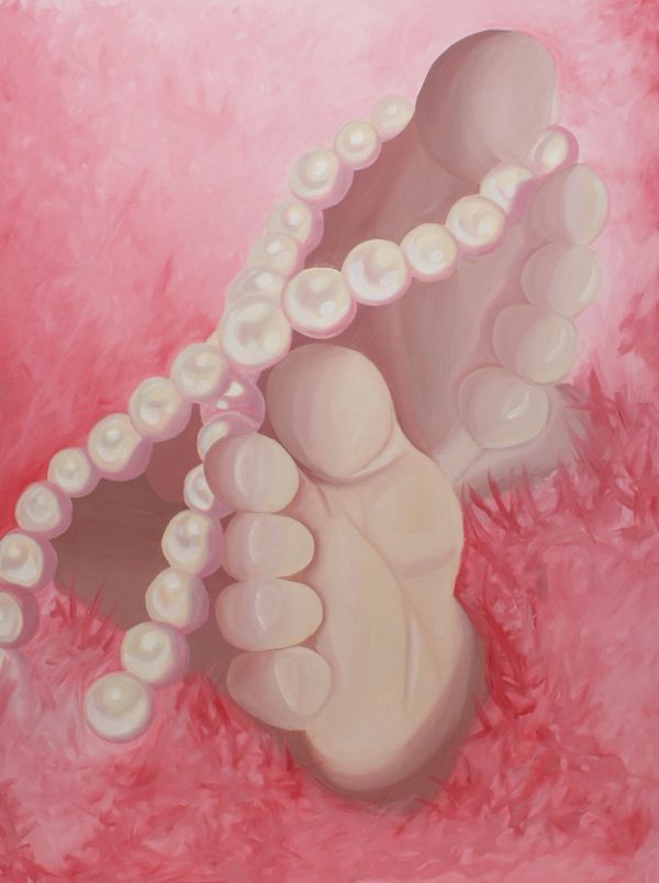 Painting of feet with pearl necklace on pink background.