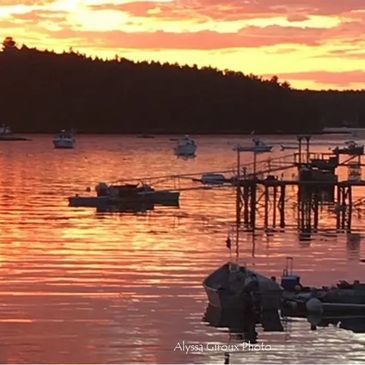 View from Anna's Water's Edge Restaurant with fishing boats, Malaga Island / Phippsburg, Maine