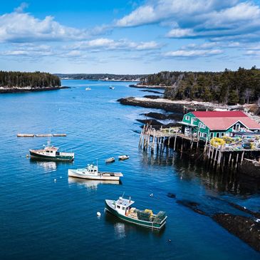 North Cove Lobster, boats, wharf, river, sky, clouds, islands - Maine