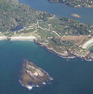 Hermit Island Campground, Small Point, Phippsburg, Maine, aerial  of the island, beach, ocean.