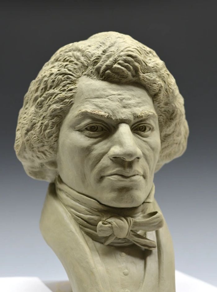Finished clay bust of Frederick Douglass, 2022 by Cindy Debold,