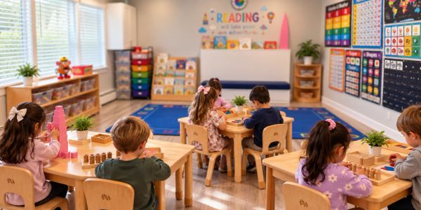 Children engaged in activities at preschool tables.