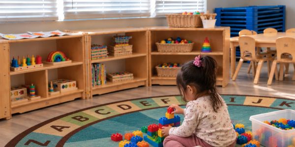 Young girl playing with colorful building blocks on alphabet rug.