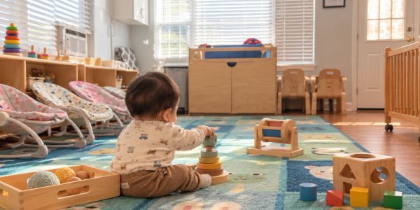 Baby playing with toys in a bright playroom.