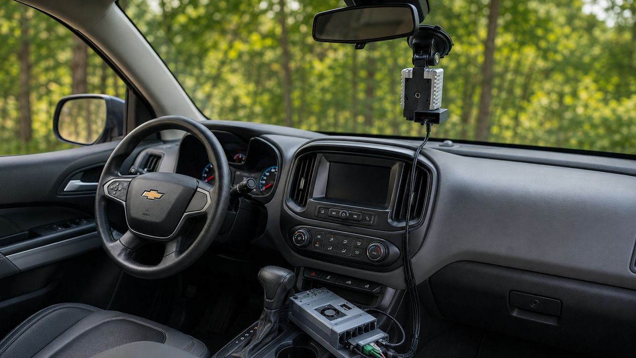 Interior of a Chevrolet car with electronic devices connected on the dashboard.