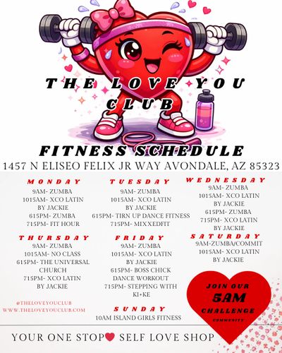 Cartoon heart lifting weights for a fitness schedule at The Love You Club.