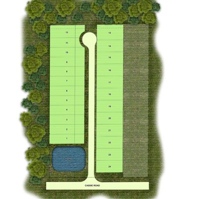 Conceptual site plan for Cassie Oaks with 24 lots, a pond, and surrounding trees.