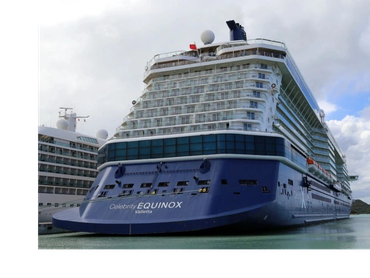 Large cruise ship Celebrity Equinox docked at port under cloudy sky.