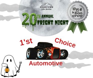 20th Annual Fright Night automotive event with a spooky ghost and custom hot rod.