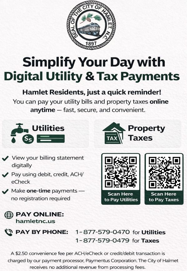 Digital utility and tax payment options for Hamlet residents with QR codes and phone numbers.