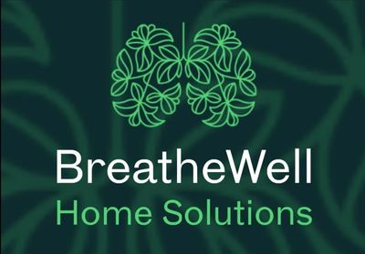 Logo of BreatheWell Home Solutions with lungs and clover leaves design.