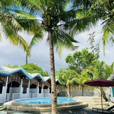 Cozy tropical resort with palm trees and a circular pool.