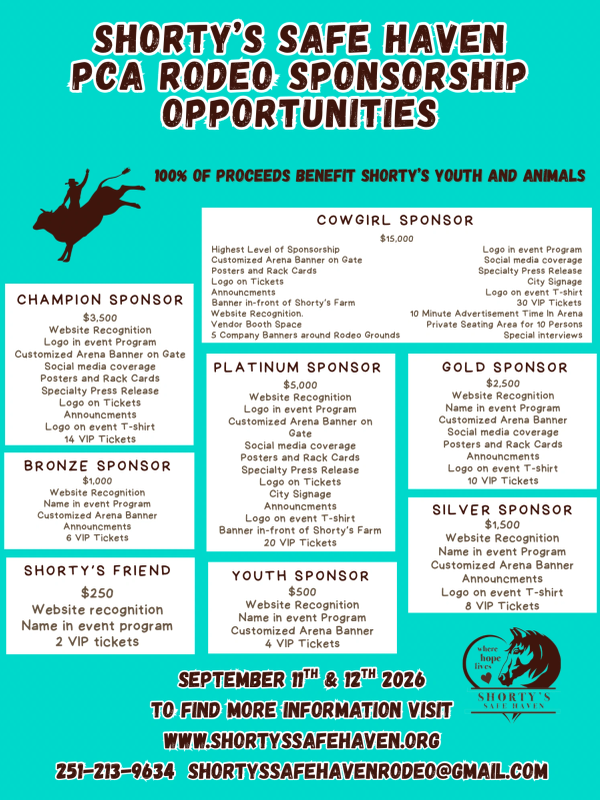 Sponsorship opportunities for Shorty's Safe Haven PCA Rodeo with various levels and benefits.