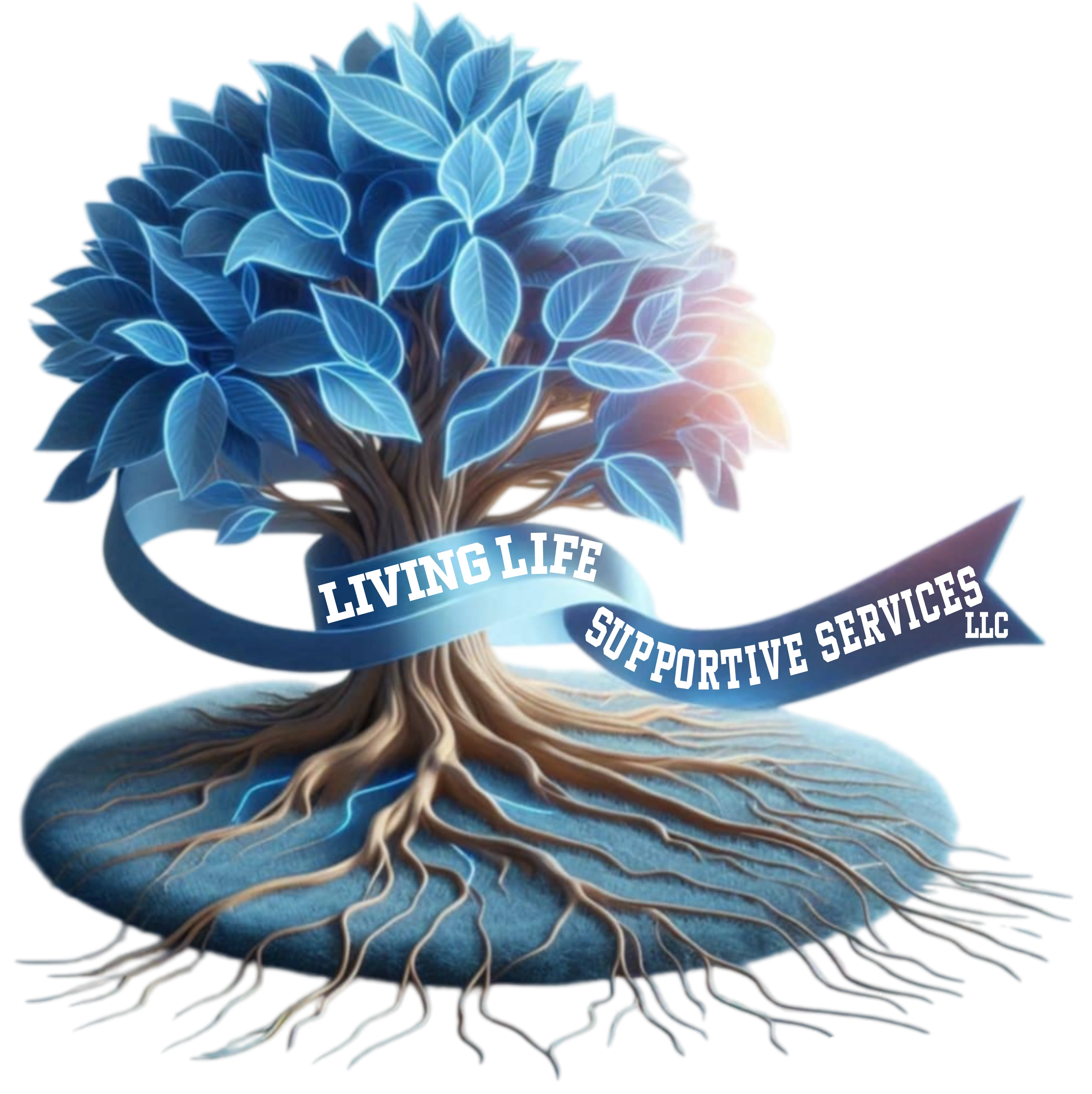 A stylized tree with blue leaves and roots, wrapped in a ribbon reading 'Living Life Supportive Services LLC.'