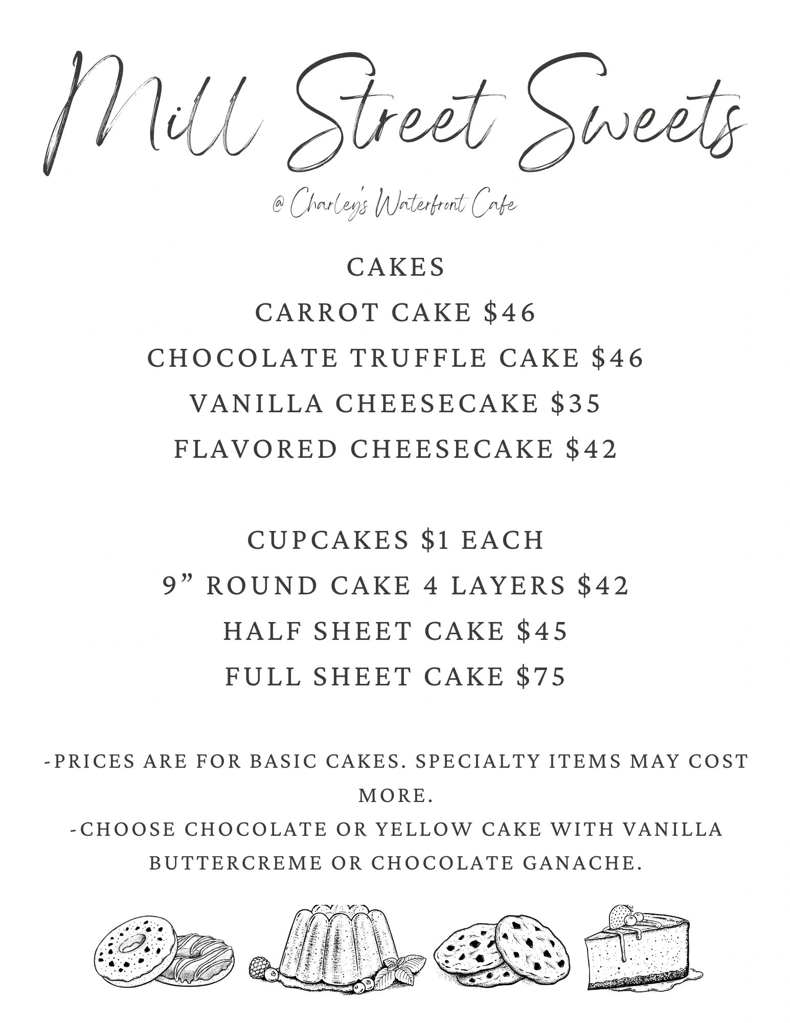 Dessert menu for cakes and cupcakes