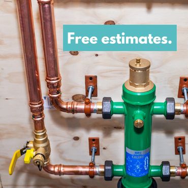Copper pipes and a green valve with 'Free estimates' text.