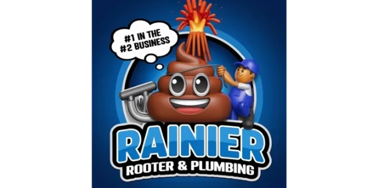 Logo for Rainier Rooter & Plumbing with a playful poop emoji and plumber character.
