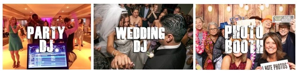 DJ services listed with guests dancing at Party dj, Wedding dj, or Photobooth.