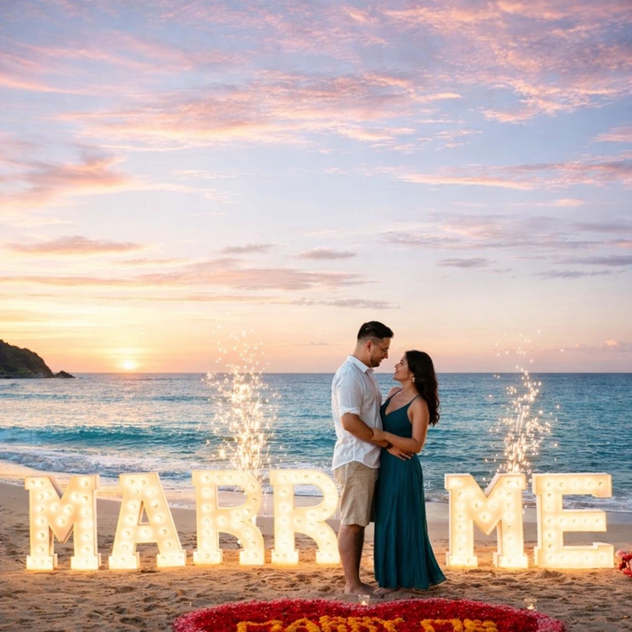 Couple embraces on beach with illuminated 'Marry Me' sign and sparklers at sunset.