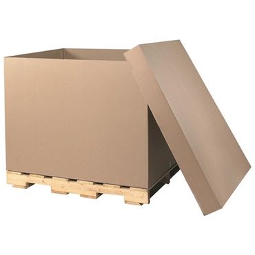 Large open cardboard box on a wooden pallet with a detached lid leaning against it.