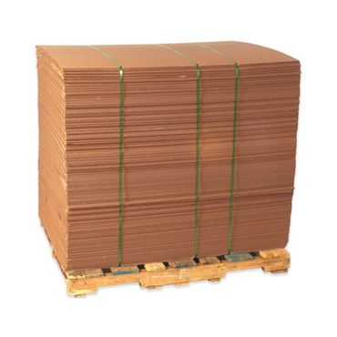 Stack of brown corrugated cardboard sheets secured on a wooden pallet.