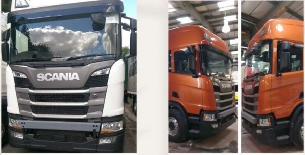 Front and side views of Scania trucks in gray and orange.