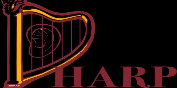 Stylized harp illustration with the word 'HARP' in bold letters.