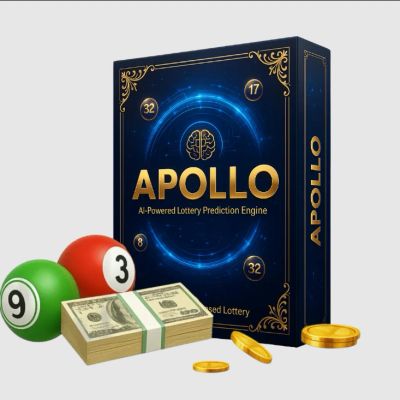 Apollo AI-powered lottery prediction engine with money and lottery balls.