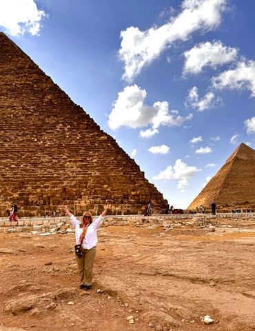 Tracey Moore visiting the pyramids in Egypt.