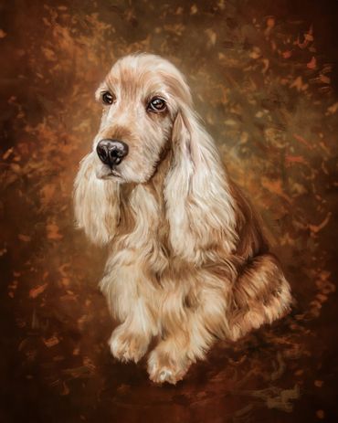 Painting of blonde spaniel dog on brown and bronze abstract background.