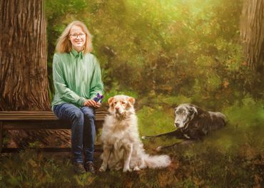 Painting of girl on bench under trees, with white fluffy dog and black dog on ground