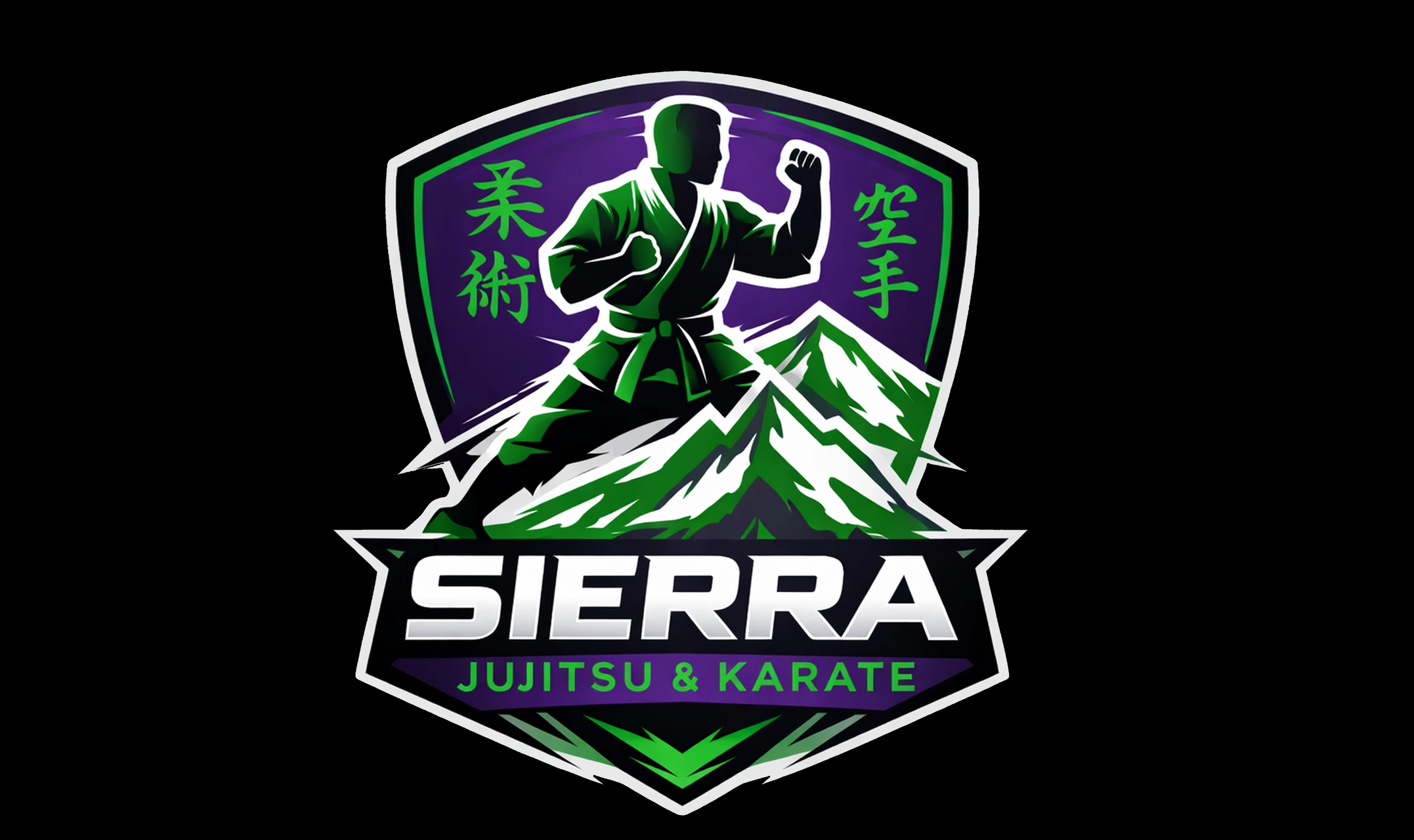 Martial arts logo with a green-clad fighter in front of mountains and Japanese characters.