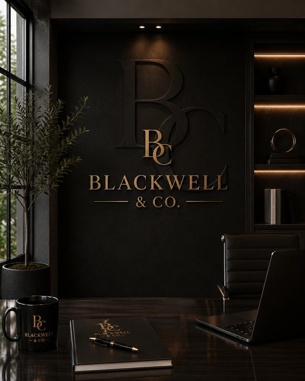 Elegant office interior with Blackwell & Co. branding in gold on black.
